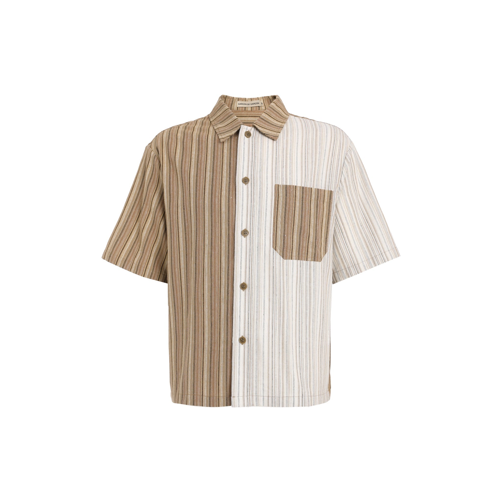 GARCON BY GARCON Gold Silk Striped Stitching Short-sleeved Shirt | MADA IN CHINA