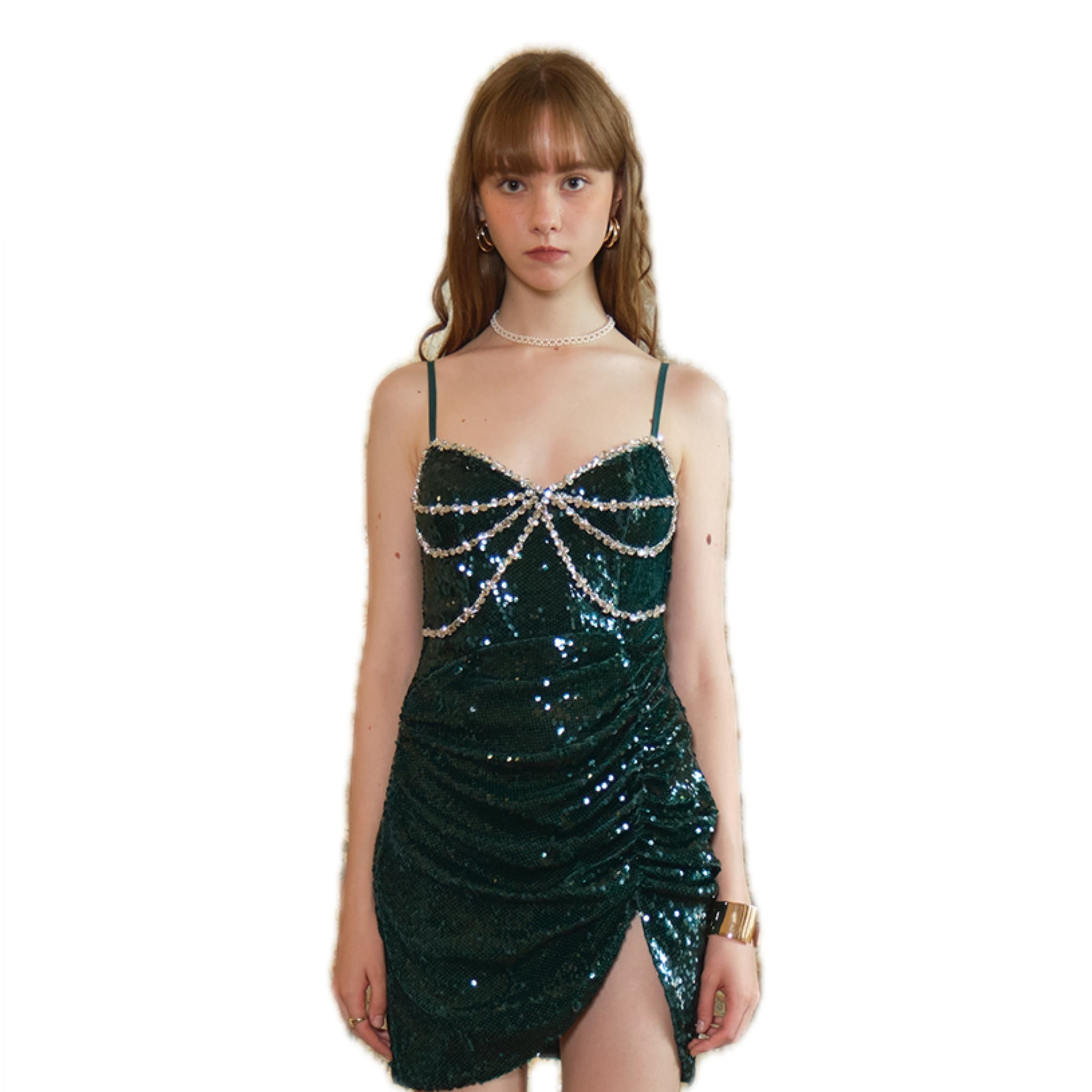 ARTE PURA Green Bow Diamond Chain Sequin Halter Dress | MADA IN CHINA