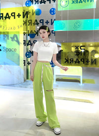 ANDREA MARTIN Green Drawstring Ripped Trousers | MADA IN CHINA