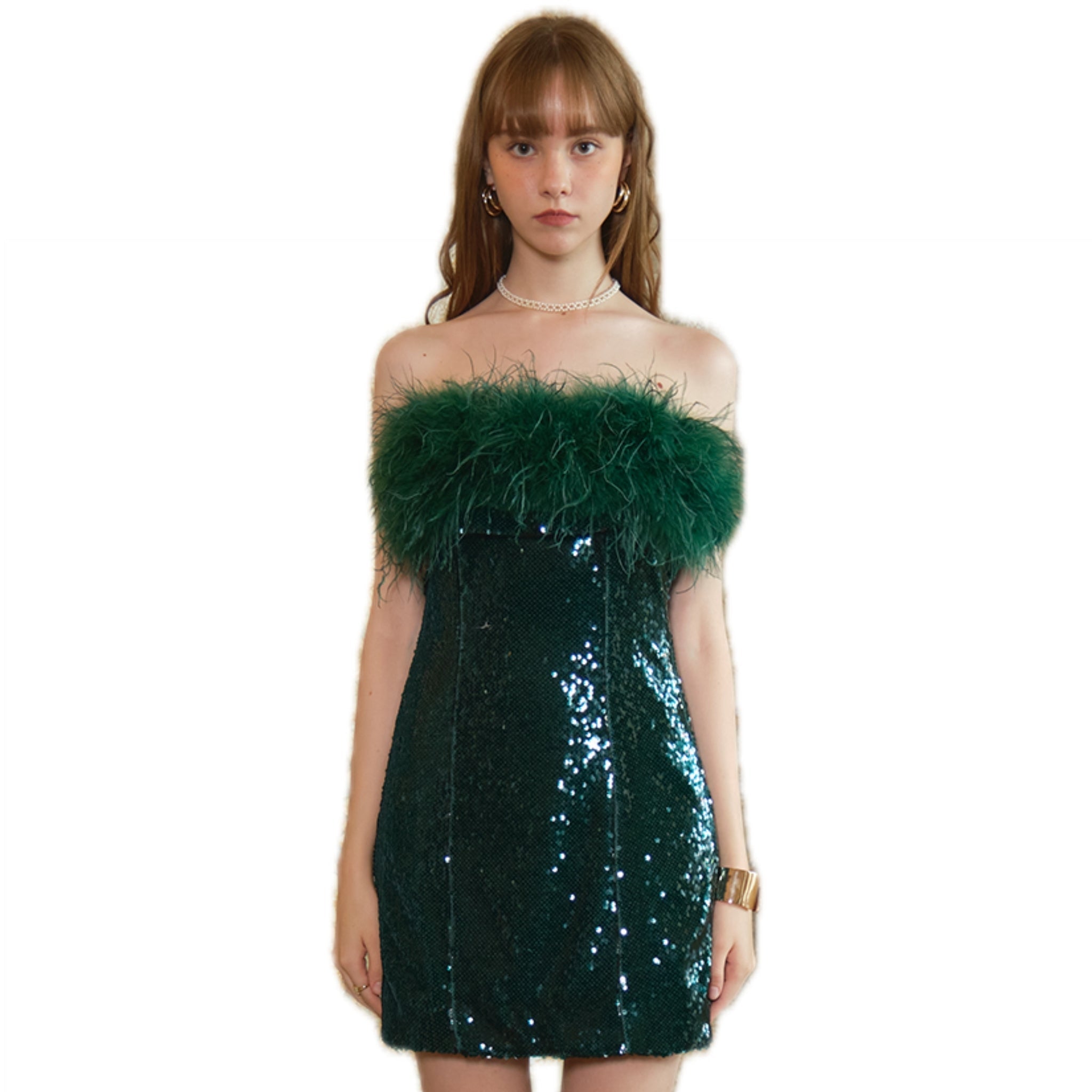 ARTE PURA Green Fur Folded Sequin Sheath Dress | MADA IN CHINA