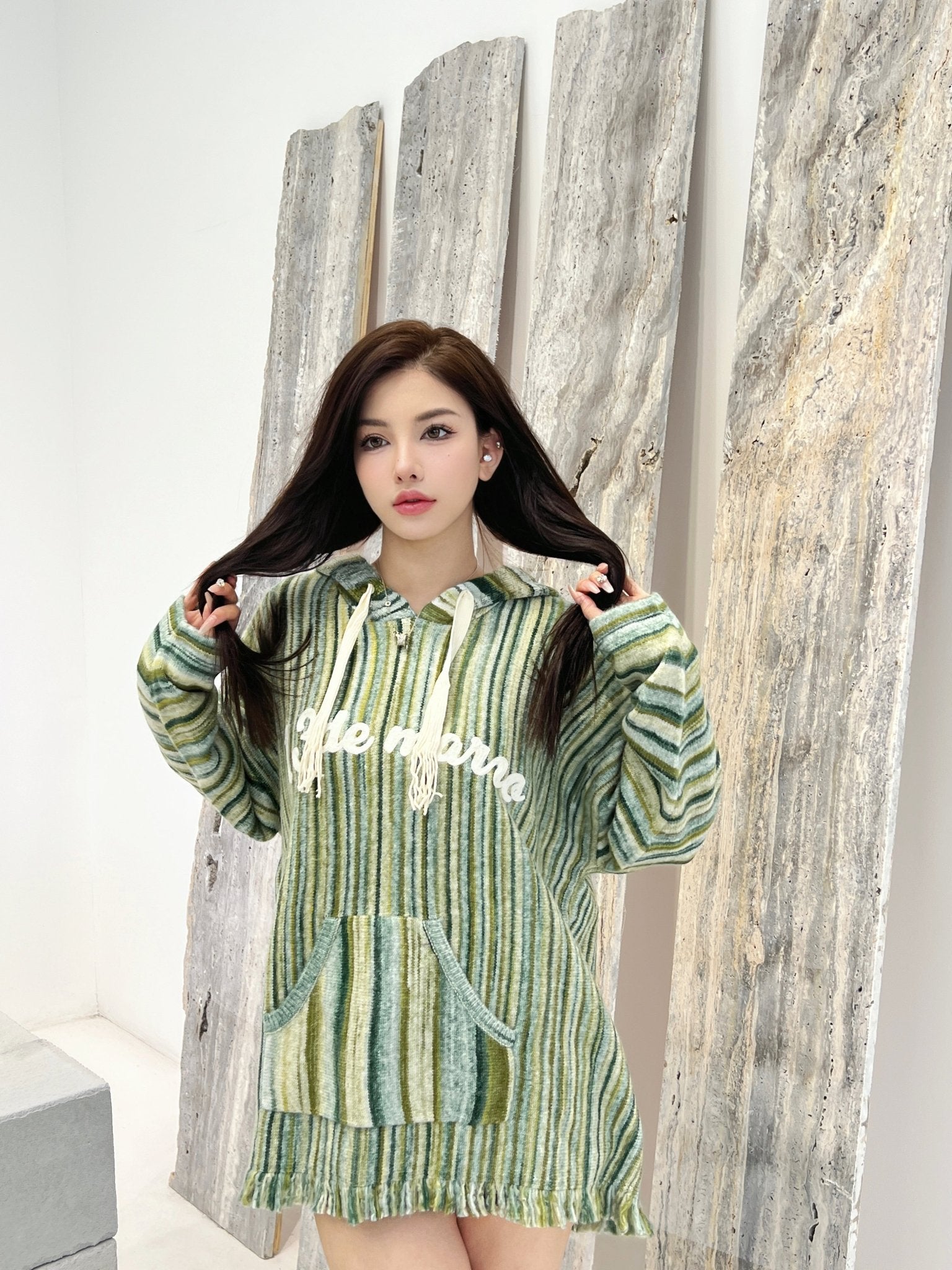 13DE MARZO Green Knitting Hoodie | MADA IN CHINA