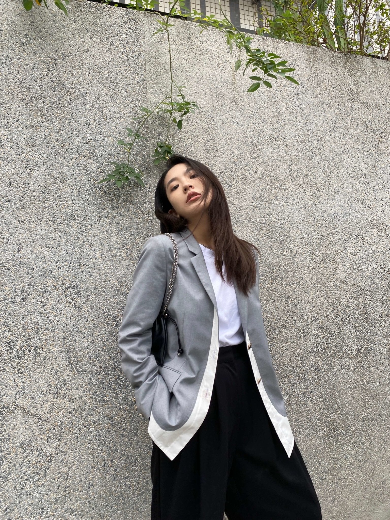 ANDREA MARTIN Grey Asymmetric Blazer Jacket | MADA IN CHINA