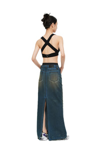 UNAWARES Grey Customized Logo Shank Button Rivet Triangle Inserts Mermaid Denim Skirt | MADA IN CHINA
