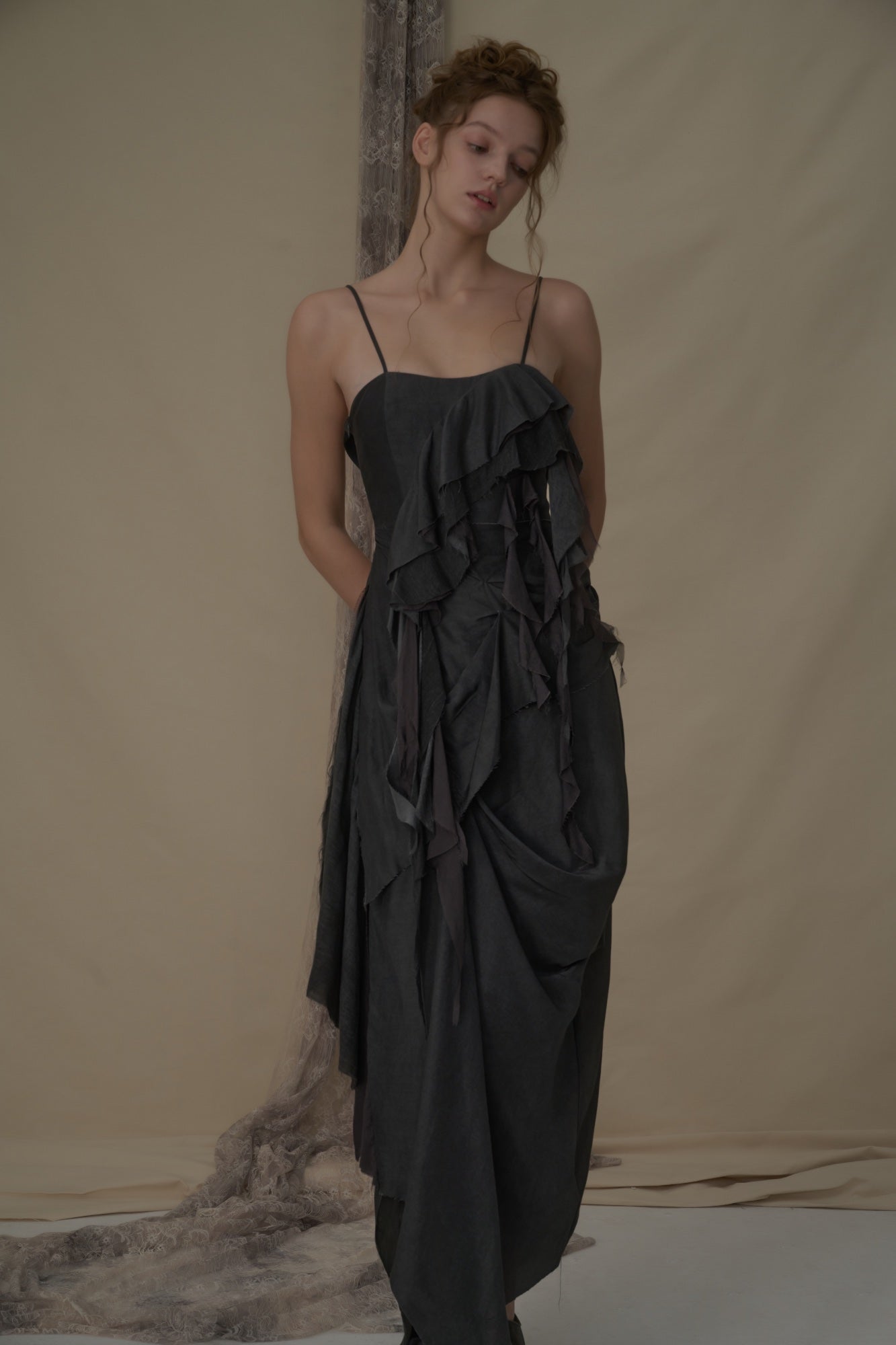 ELYWOOD Grey Deconstructed Flutter Piece Camisole Long Dress | MADA IN CHINA