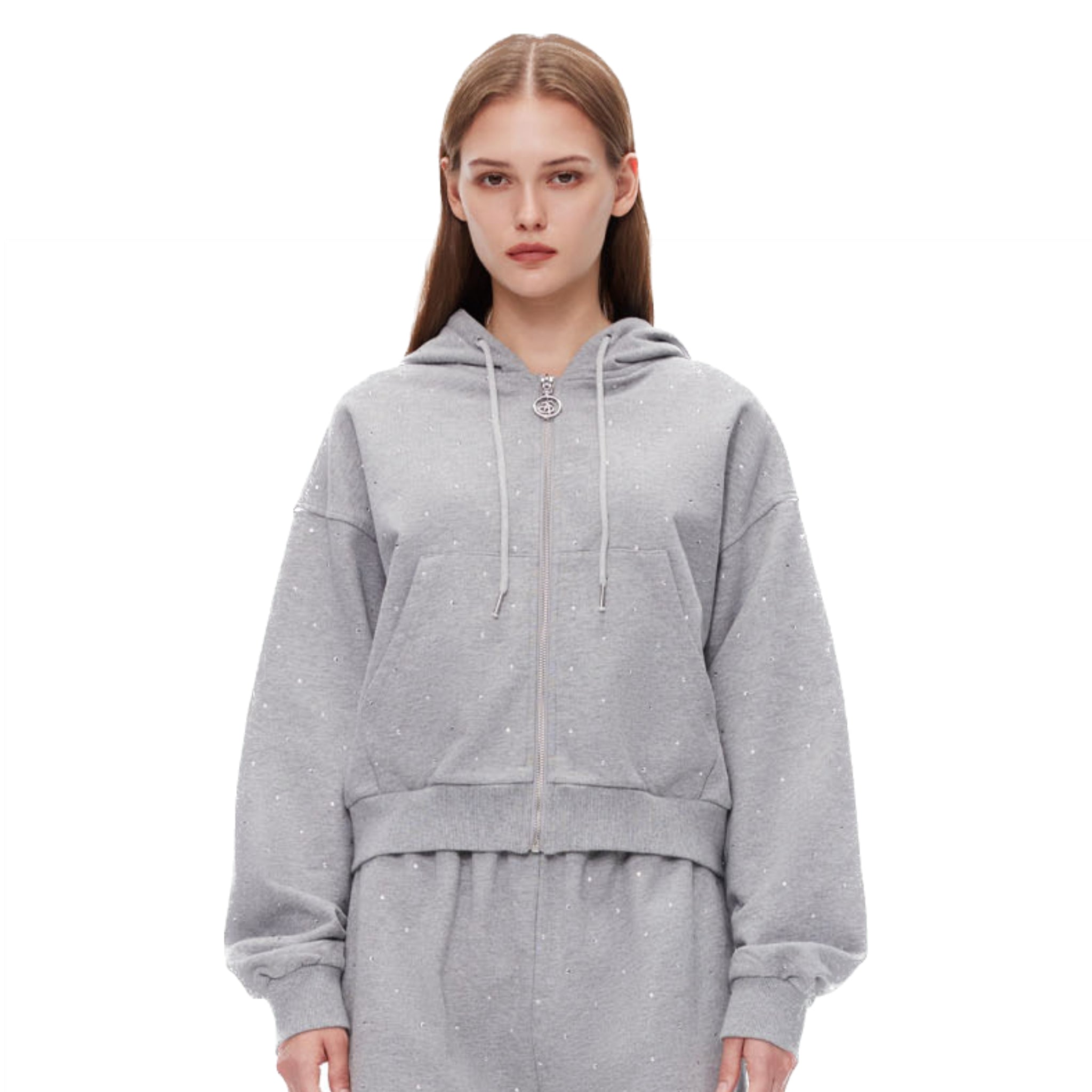 ANN ANDELMAN Grey Diamante Embellished Zipper Hoodie | MADA IN CHINA