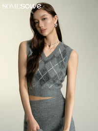 SOMESOWE Grey Diamond Pattern Short Vest | MADA IN CHINA