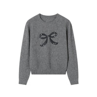 SOMESOWE Grey Embroidered Bow Crew Neck Sweater | MADA IN CHINA