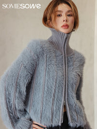 SOMESOWE Grey Faux Fur Zipper Cardigan | MADA IN CHINA