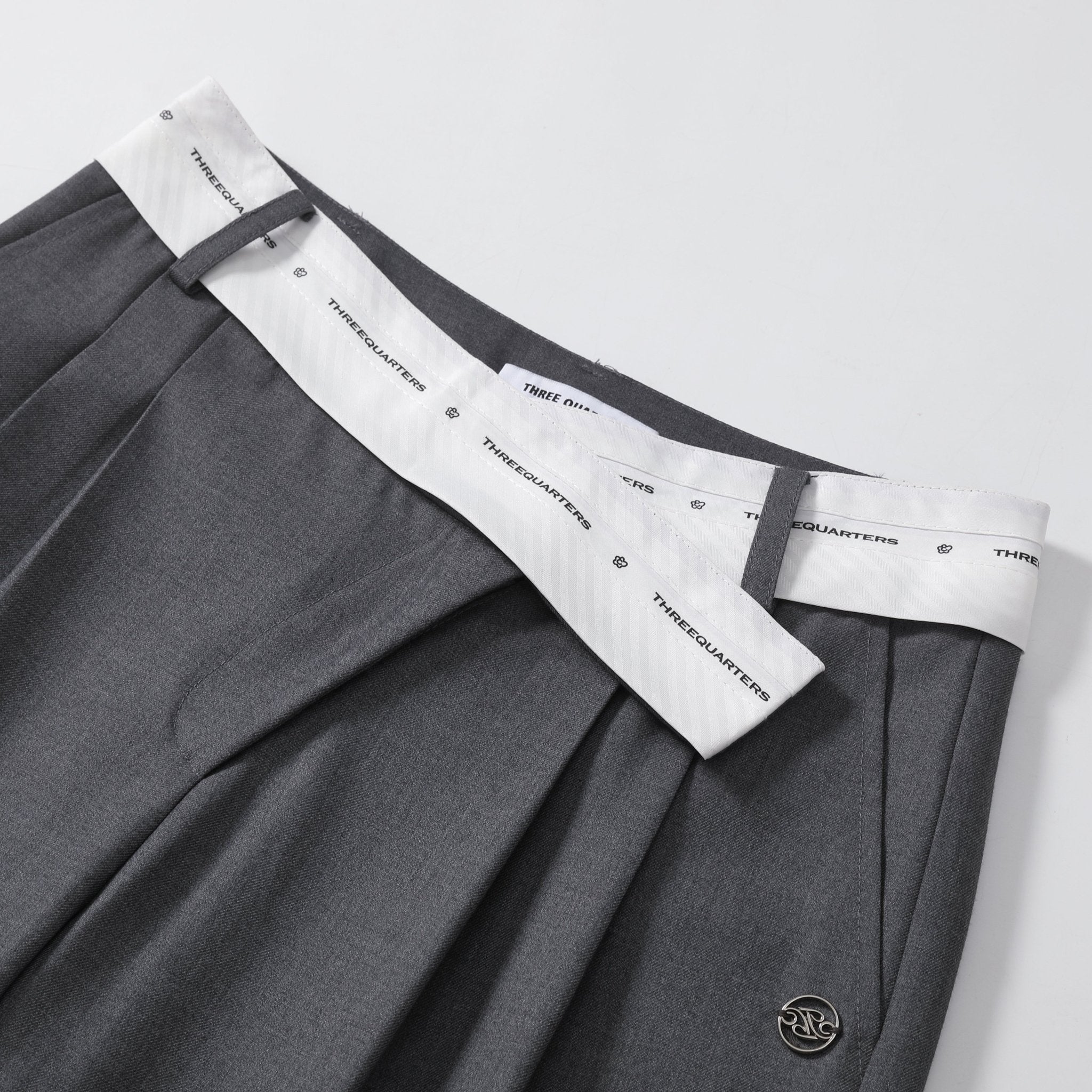 THREE QUARTERS Grey Slanted Waistband Suit Pants | MADA IN CHINA