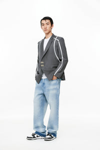 UNAWARES Grey Structured Line Spliced Double-Breasted Suit | MADA IN CHINA