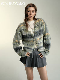 SOMESOWE Grey Tassle Collar Jacquard Short Cardigan | MADA IN CHINA