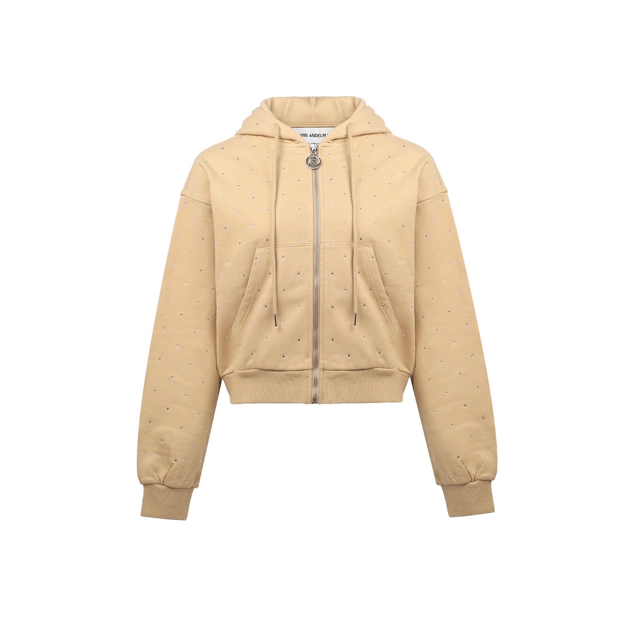 ANN ANDELMAN Khaki Diamante Embellished Zipper Hoodie | MADA IN CHINA