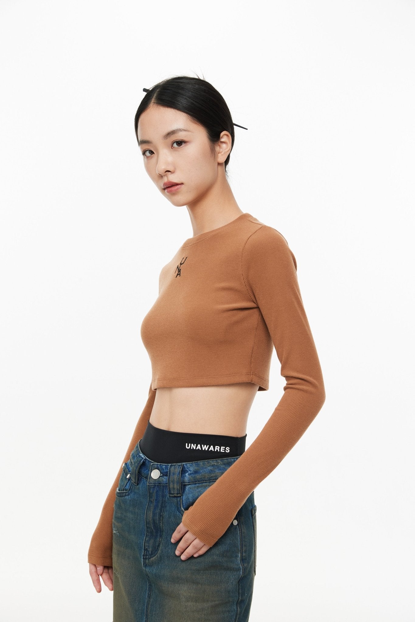 UNAWARES Khaki Slim Fit Logo Embroidery Long Sleeve T-Shirt | MADA IN CHINA
