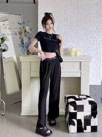 AIMME SPARROW Letter Pleated Black Wide-Leg Pants | MADA IN CHINA