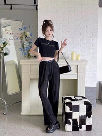 AIMME SPARROW Letter Pleated Black Wide-Leg Pants | MADA IN CHINA