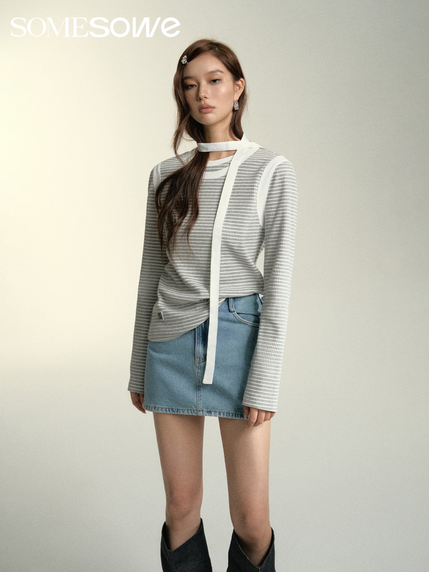SOMESOWE Light Grey Strip Double Collar Long Sleeve T-shirt | MADA IN CHINA