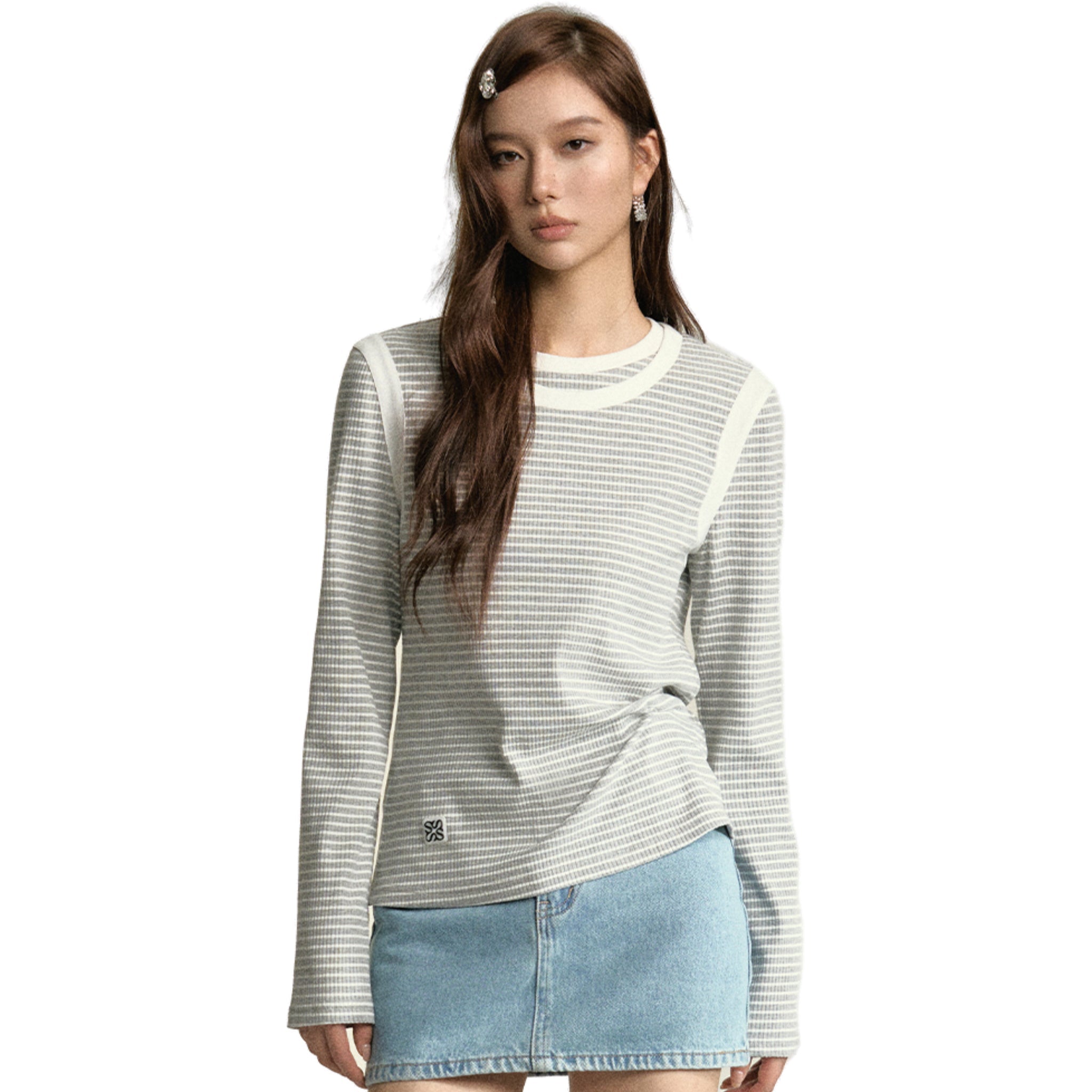 SOMESOWE Light Grey Strip Double Collar Long Sleeve T-shirt | MADA IN CHINA
