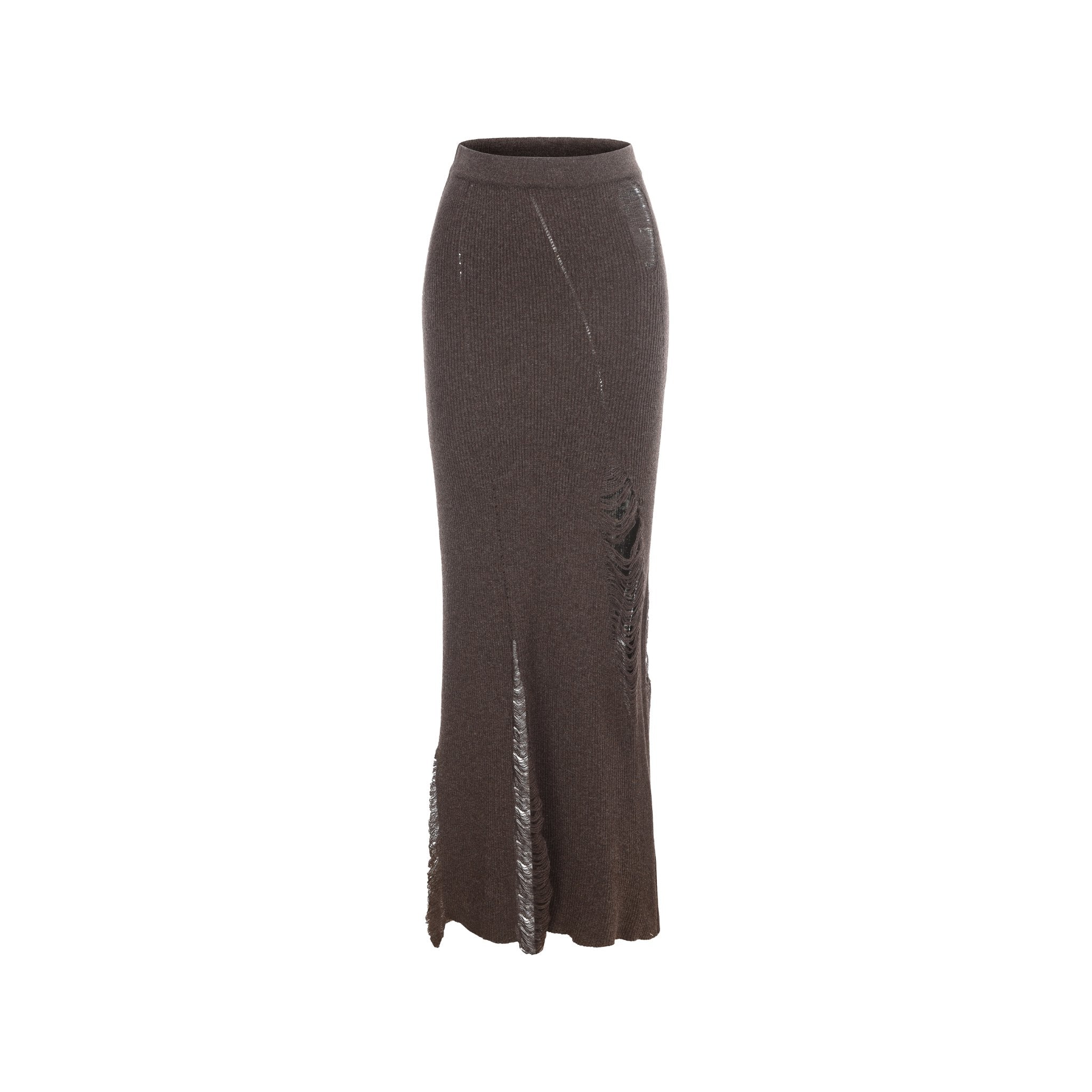 ELYWOOD Mocha Knit Destruction Mid-Length Skirt | MADA IN CHINA