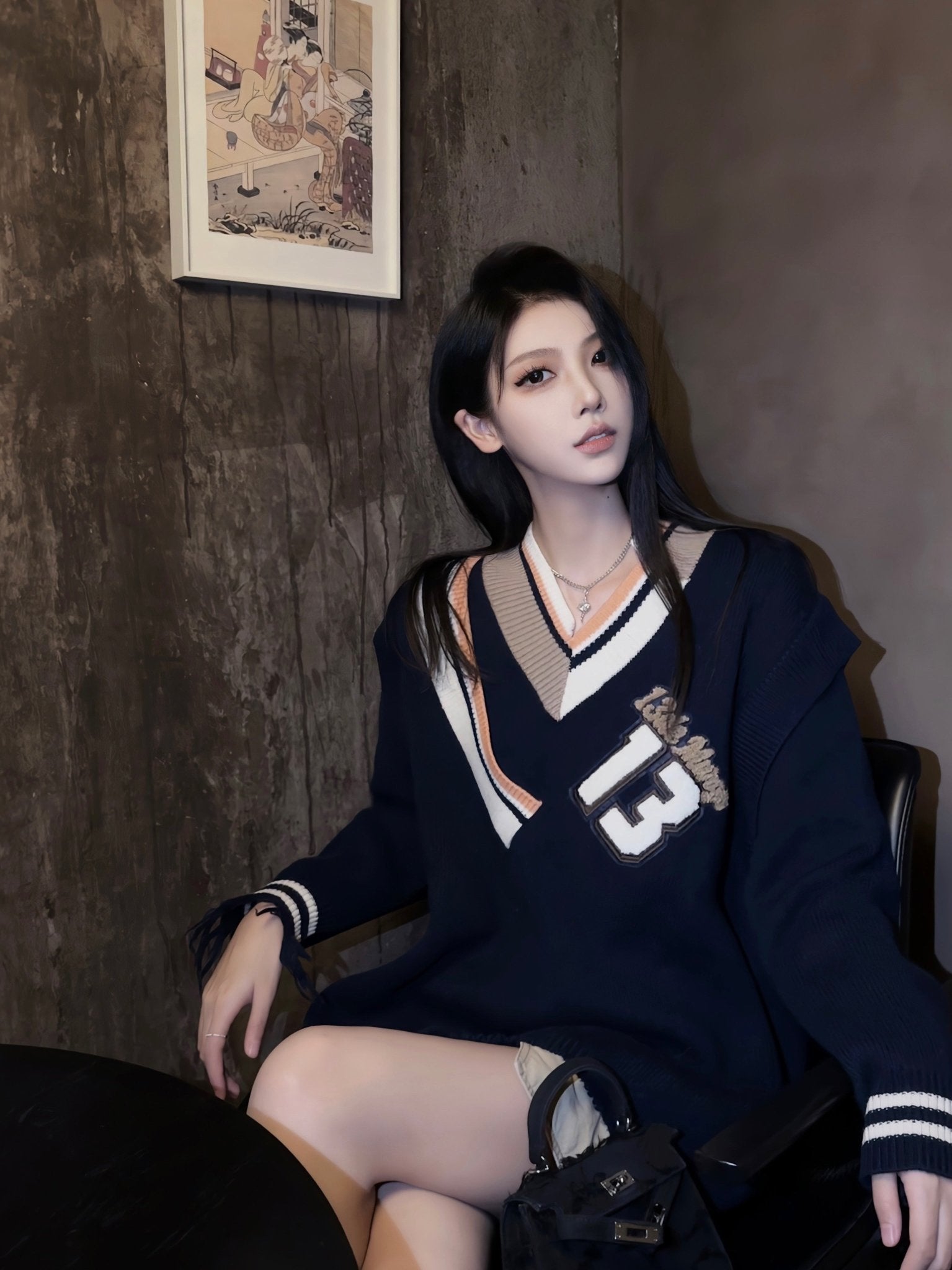 13DE MARZO Navy Blue Patchwork Collar Sweater | MADA IN CHINA
