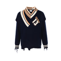 13DE MARZO Navy Blue Patchwork Collar Sweater | MADA IN CHINA