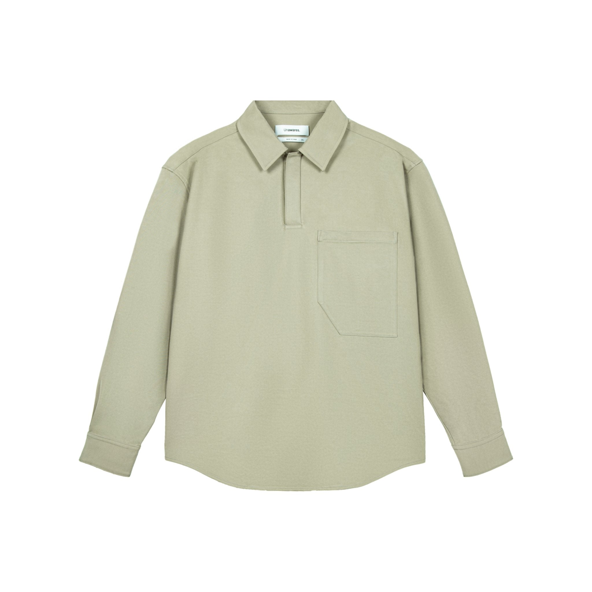 UNAWARES Olive Green Collar Asymmetric Patch Pocket Long Sleeve Polo | MADA IN CHINA
