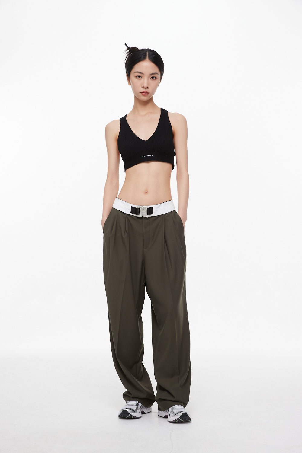 UNAWARES Olive Green Color-block Double Pleat Loose Trousers | MADA IN CHINA