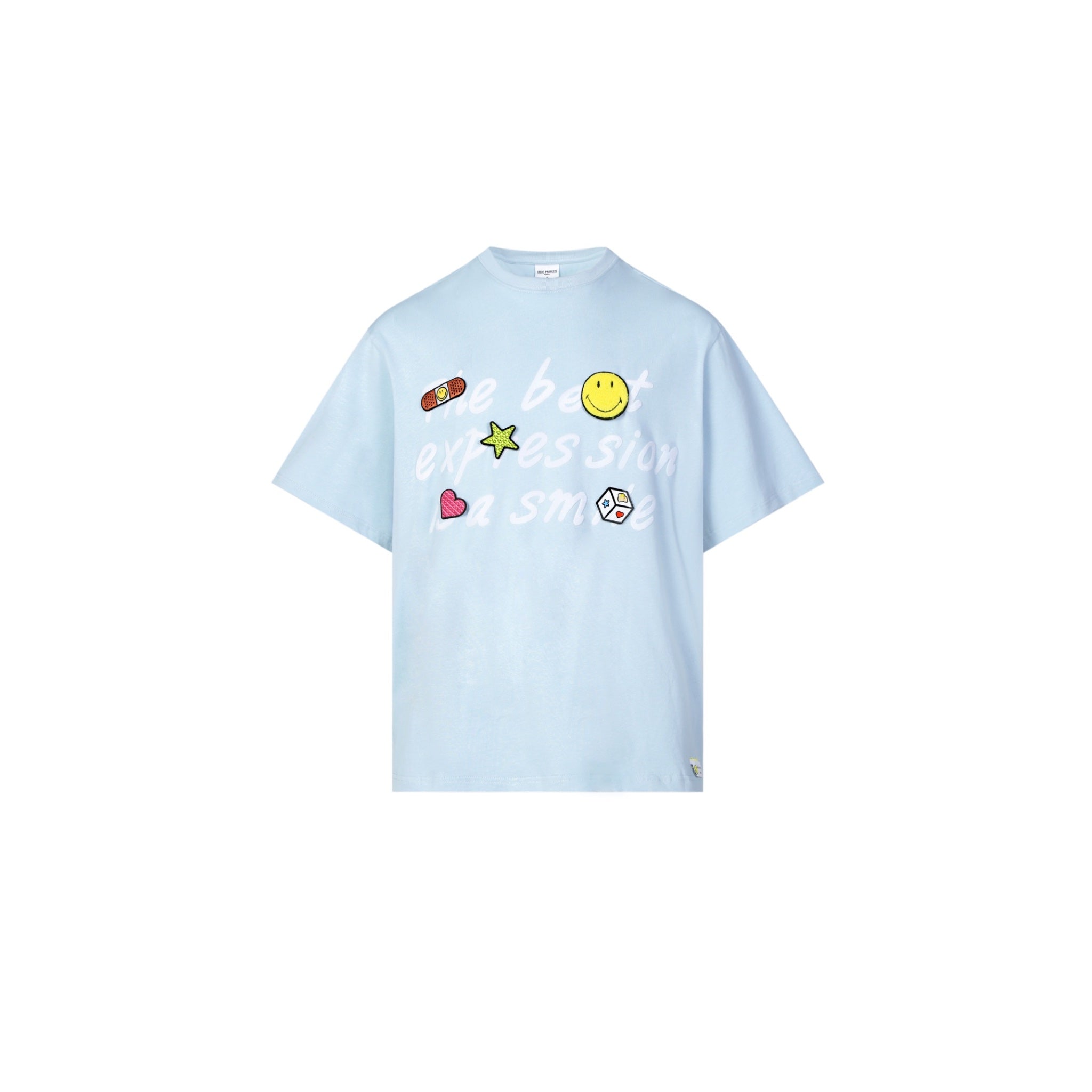 13DE MARZO x Smiley Palda Bear Velcro Patch Letter T-shirt Dream Blue | MADA IN CHINA