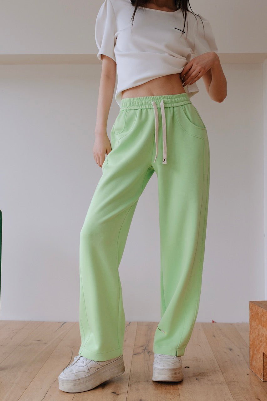 AIMME SPARROW Pin Color Embroidered Green Wide Leg Pants | MADA IN CHINA