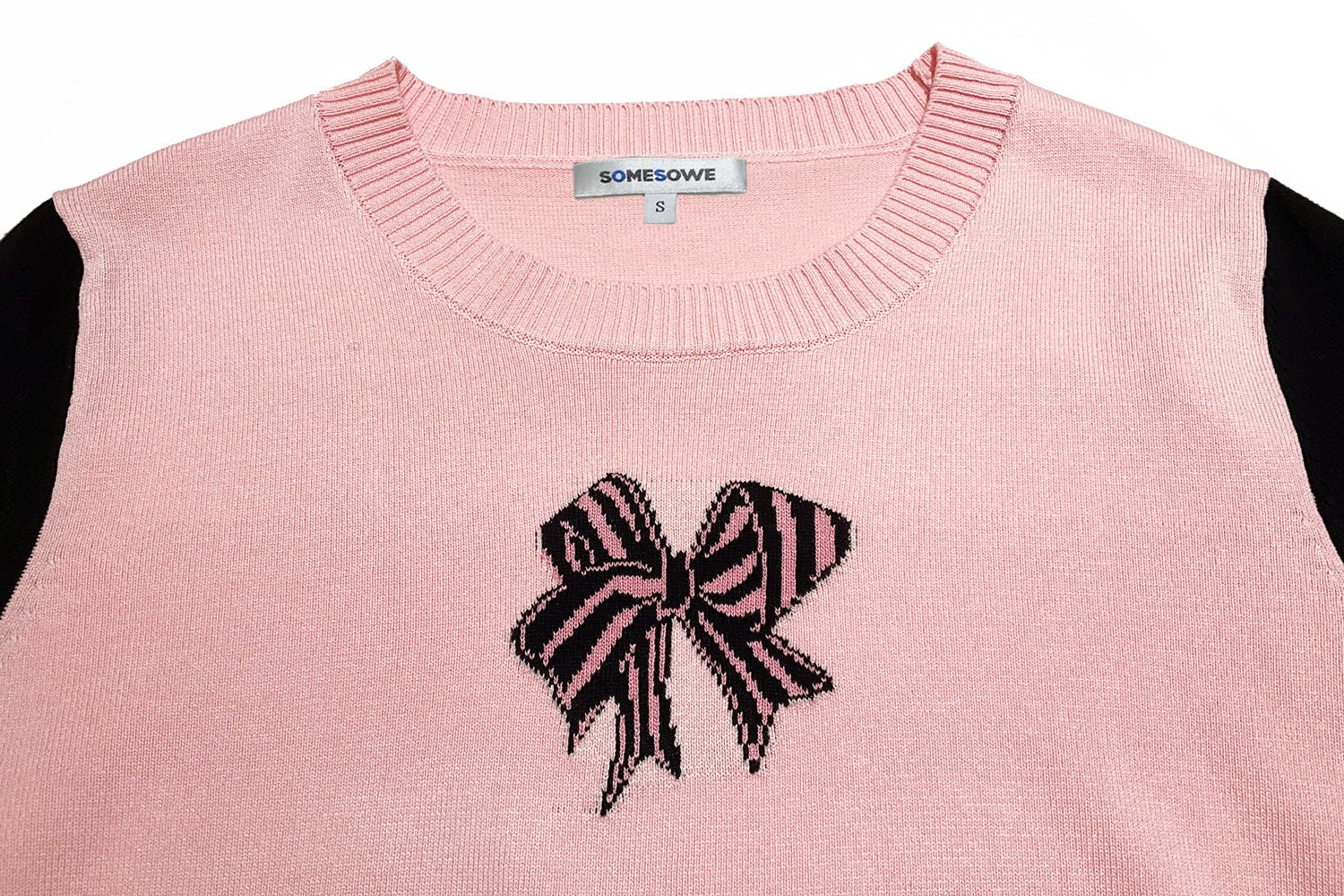 SOMESOWE Pink And Black Bow Knot Print T-shirt | MADA IN CHINA