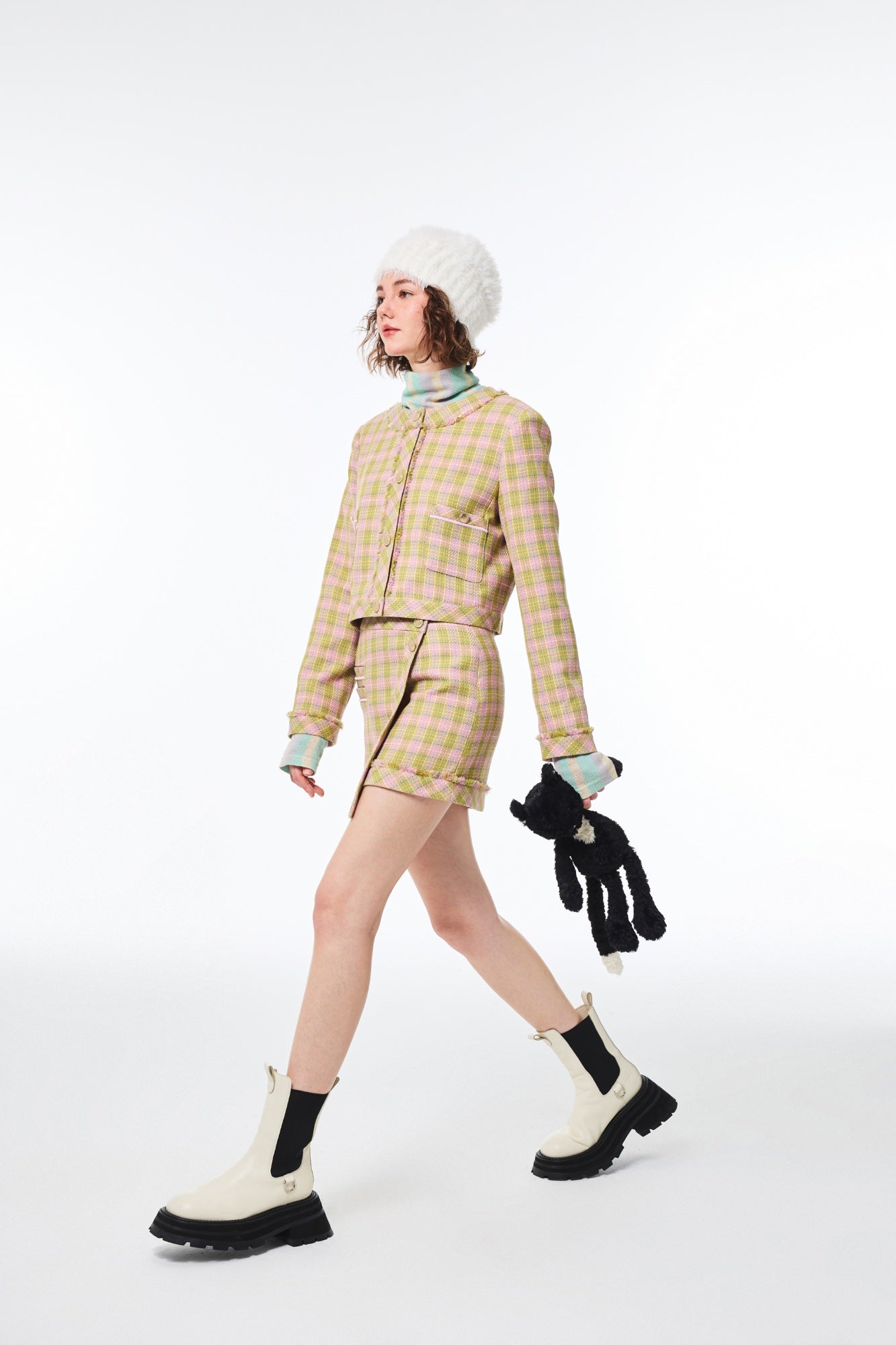 Alexia Sandra Pink And Green Checkered Tweed Plaid Blazer | MADA IN CHINA