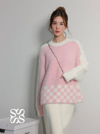 SOMESOWE Pink And White Checkered Sweater | MADA IN CHINA
