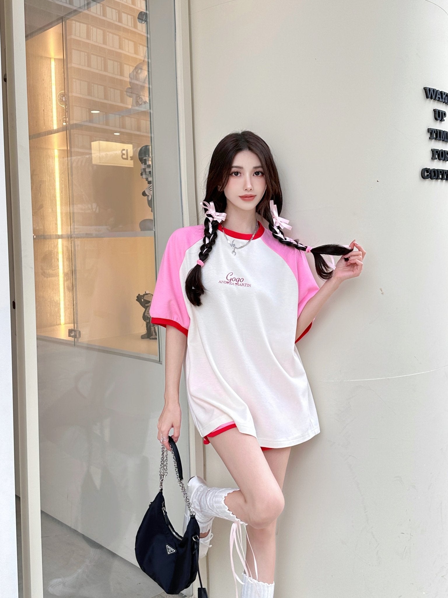 ANDREA MARTIN Pink and White Lettering Short Sleeves | MADA IN CHINA