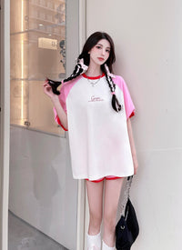 ANDREA MARTIN Pink and White Lettering Short Sleeves | MADA IN CHINA