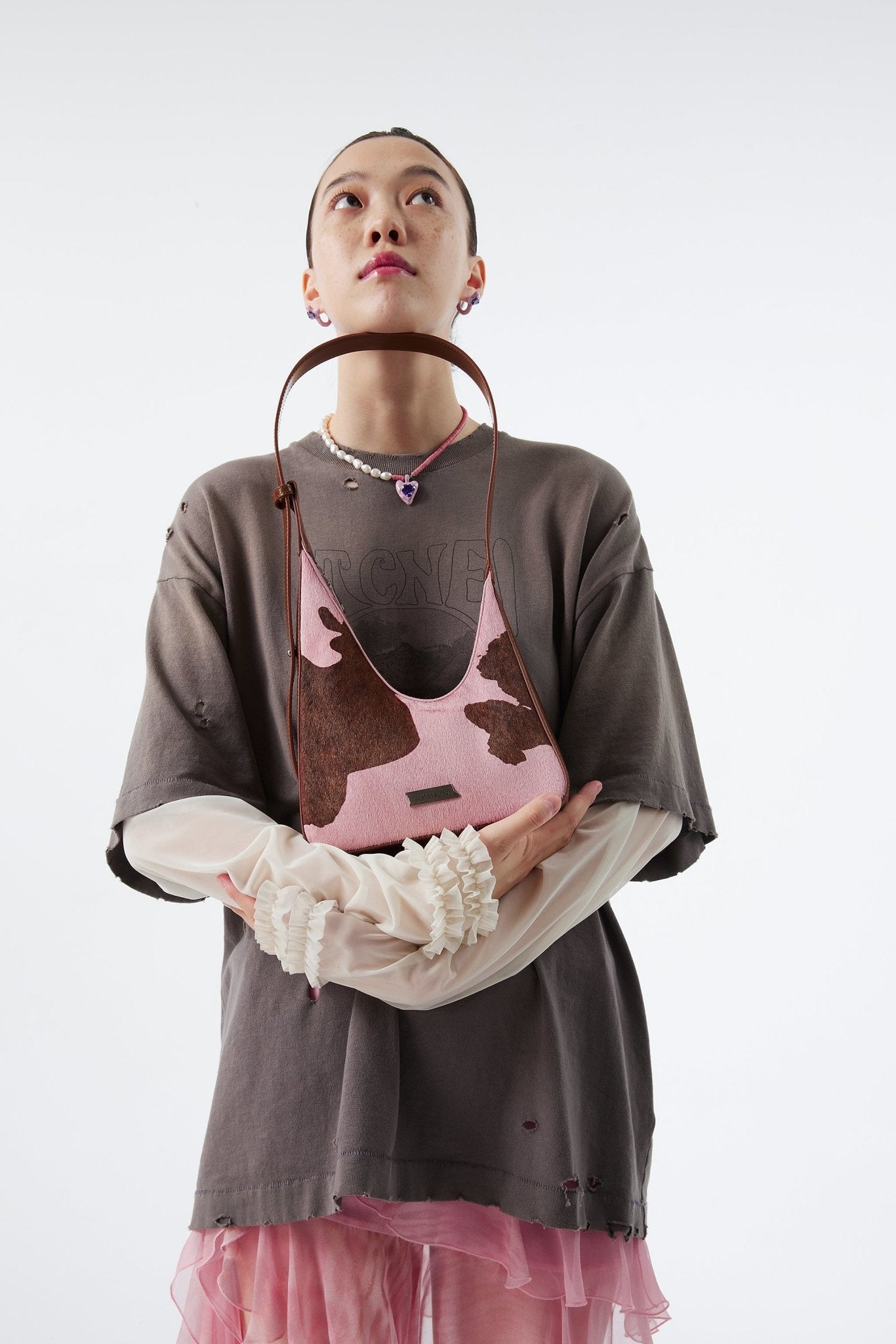 LOST IN ECHO Pink Asymmetric Cow Print Small Crescent Bag | MADA IN CHINA