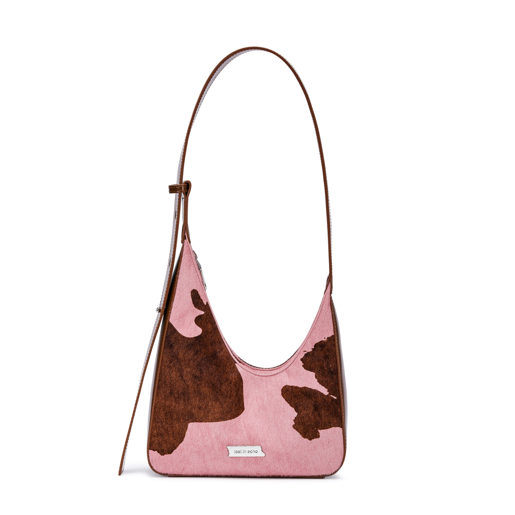 LOST IN ECHO Pink Asymmetric Cow Print Small Crescent Bag | MADA IN CHINA