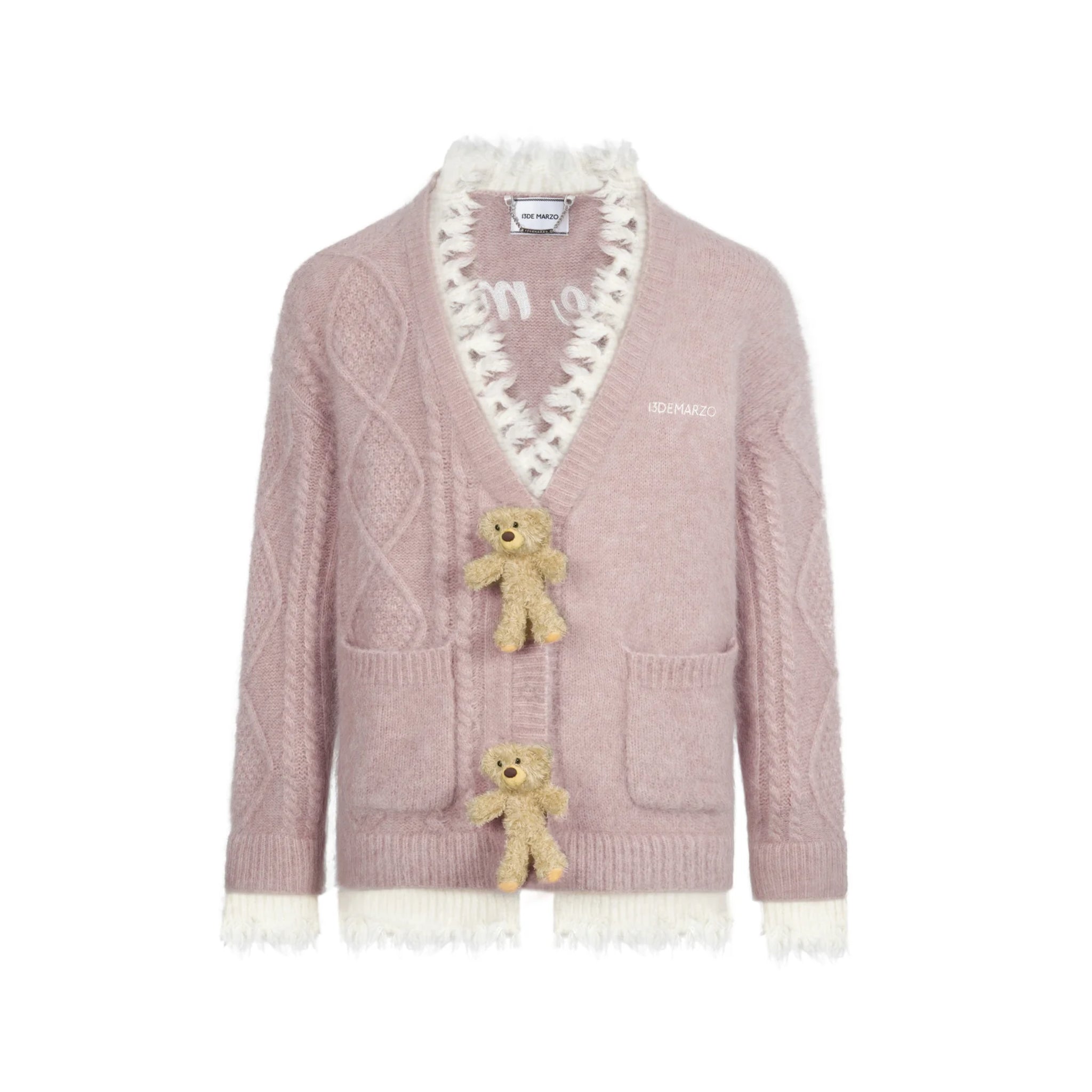 13DE MARZO Pink Bear Button Unedged Cardigan | MADA IN CHINA