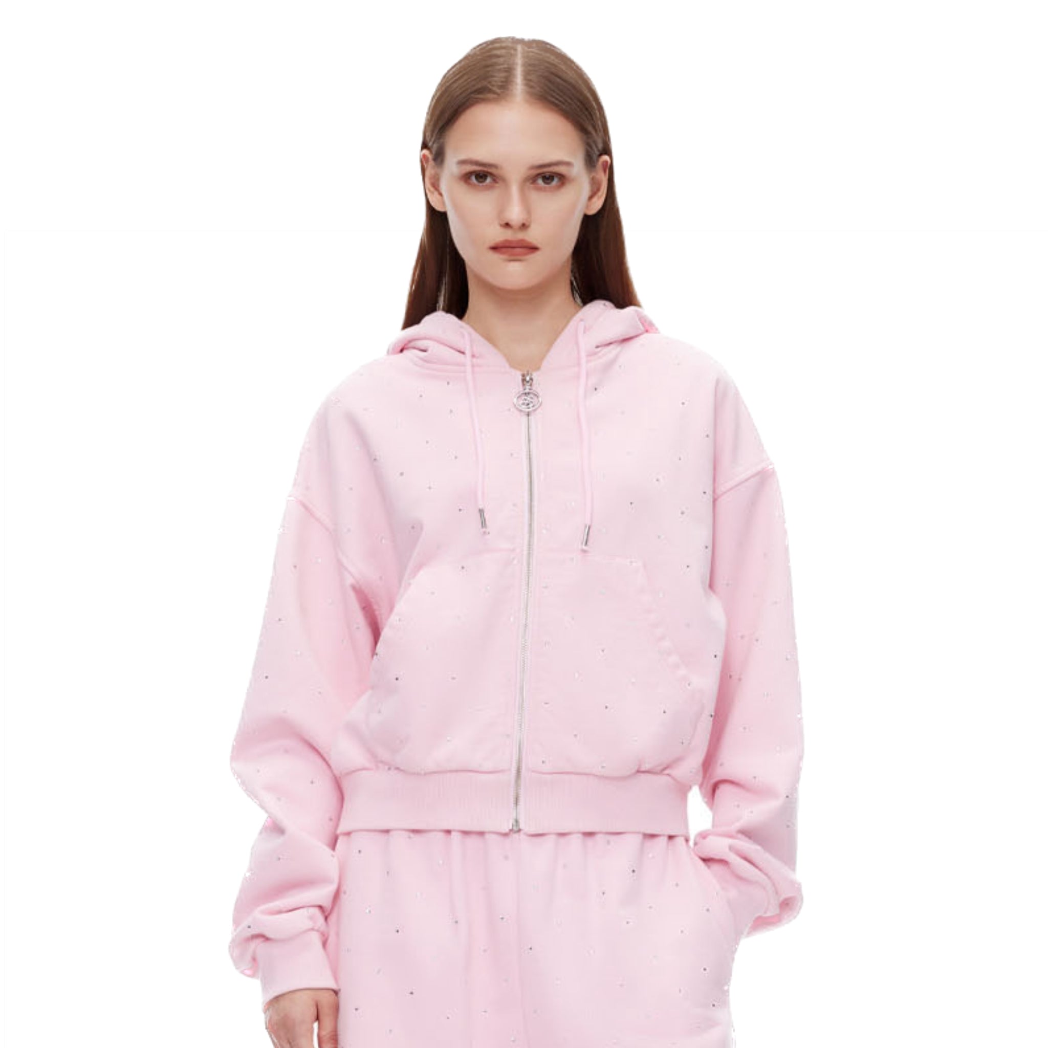 ANN ANDELMAN Pink Diamante Embellished Zipper Hoodie | MADA IN CHINA