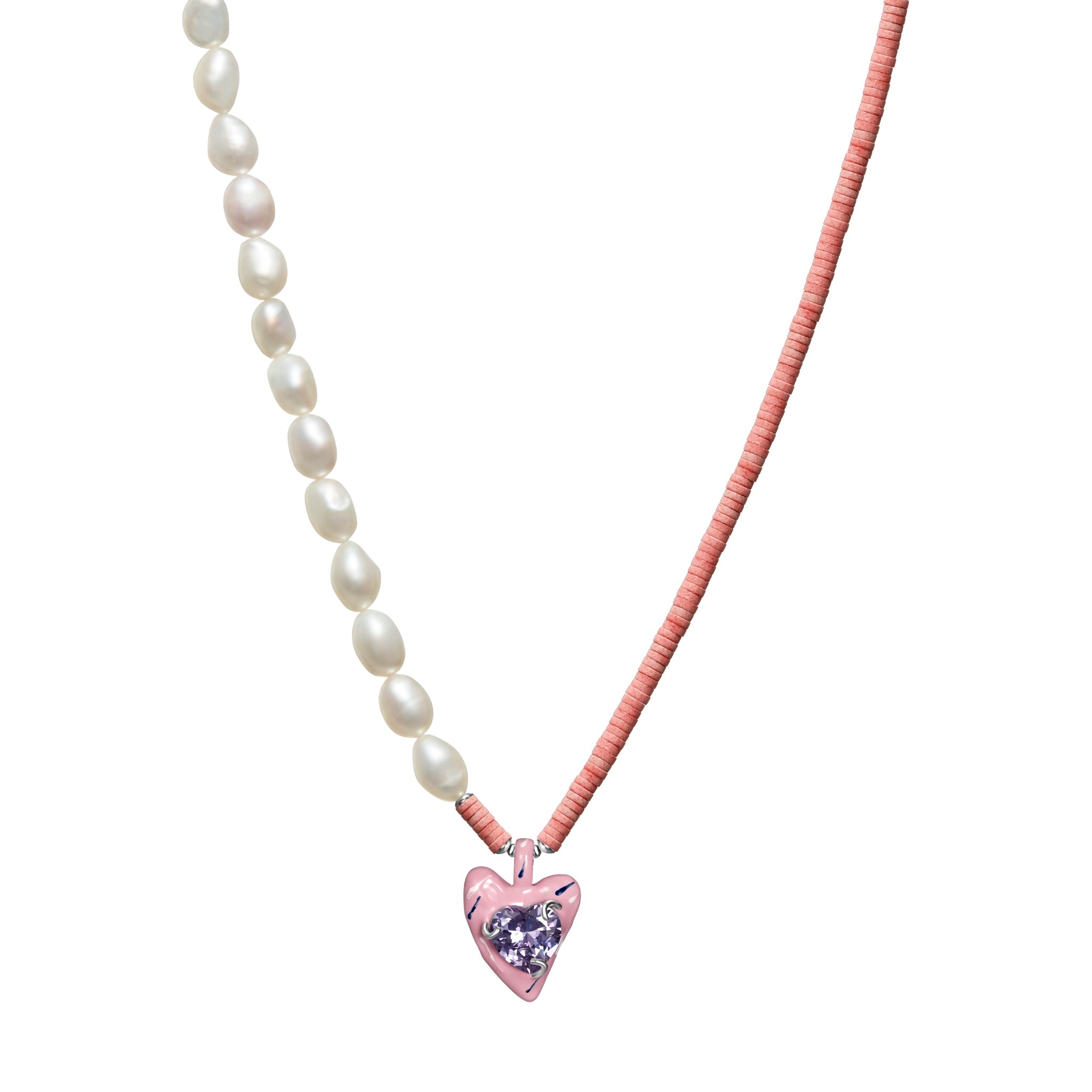 LOST IN ECHO Pink Heart Enamel Pearl Necklace | MADA IN CHINA