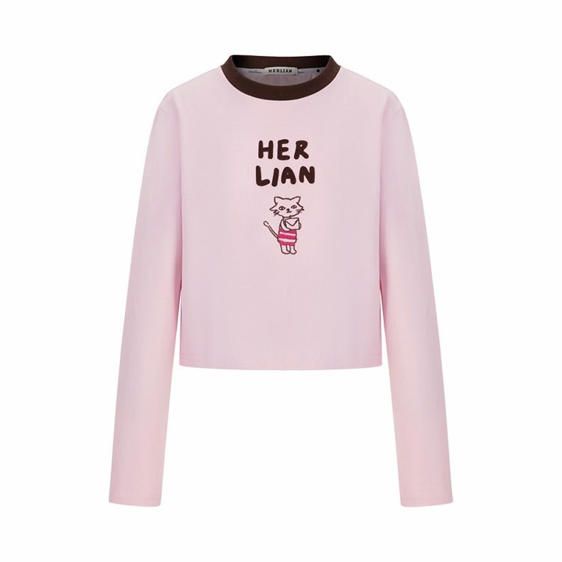 HERLIAN Pink Letter Kitty Long Sleeve T-shirt | MADA IN CHINA