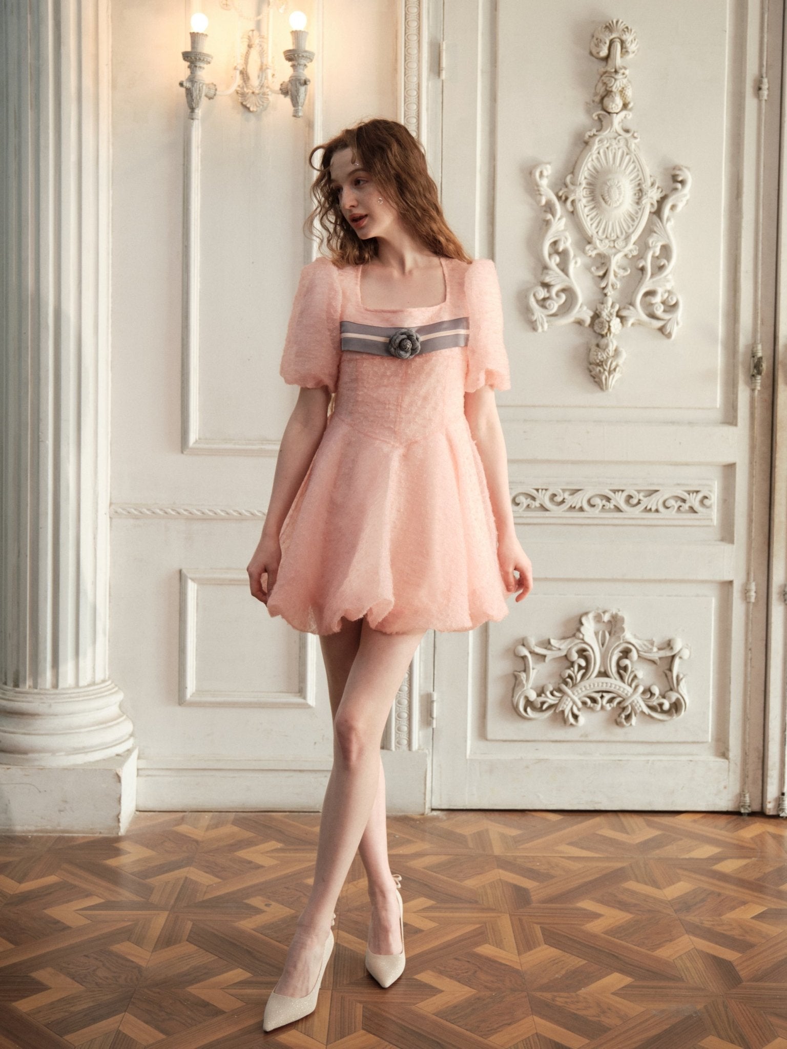 ARTE PURA Pink Seersucker Dress With Grey Floral Ribbonn | MADA IN CHINA