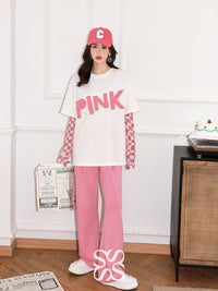 SOMESOWE Pink T-Shirt With Gauze Sleeves And Chain Decoration | MADA IN CHINA