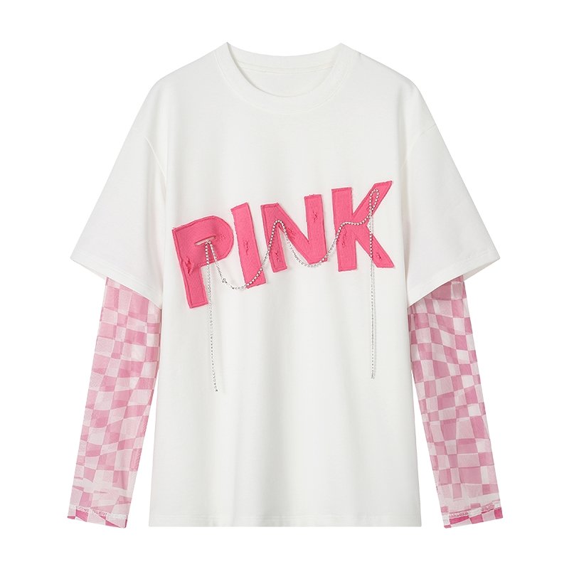 SOMESOWE Pink T-Shirt With Gauze Sleeves And Chain Decoration | MADA IN CHINA