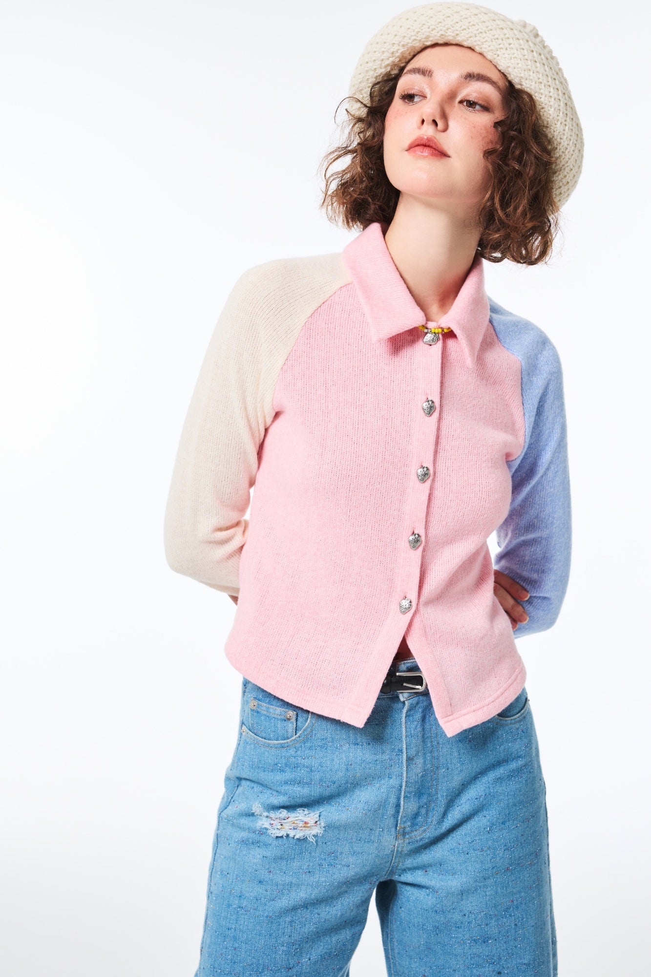 Alexia Sandra Pink Tri-color Knitted Cardigan | MADA IN CHINA
