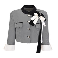 ARTE PURA Plaid Small Stand-Up Collar Double Bow Decoration Wide Shoulder Jacket | MADA IN CHINA