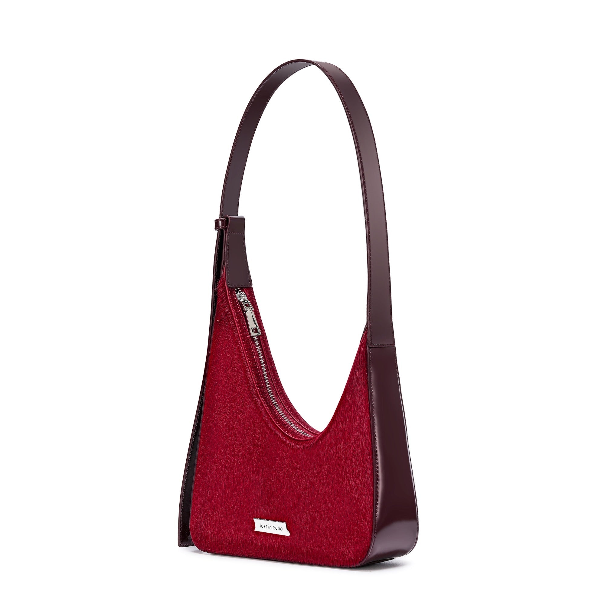 LOST IN ECHO Red Asymmetric Ox Hair Small Crescent Bag | MADA IN CHINA