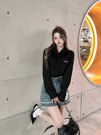 AIMME SPARROW Ruffle Pocket Logo Black Shirt | MADA IN CHINA