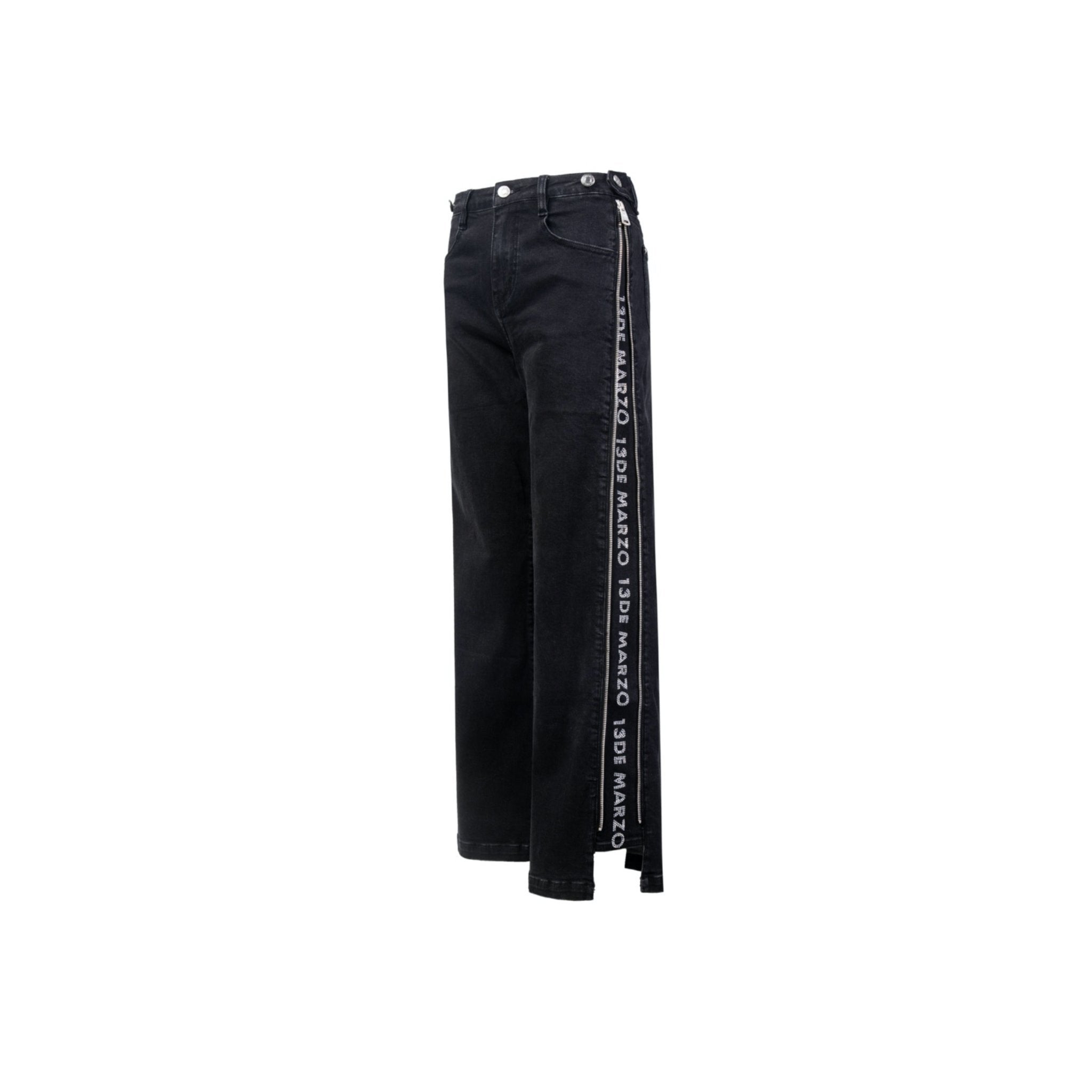 13 DE MARZO Side Zipper Rhinestone Jeans Black | MADA IN CHINA