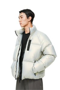 UNAWARES Silver Green Horn sleeve Contrast Patchwork Down Jacket | MADA IN CHINA