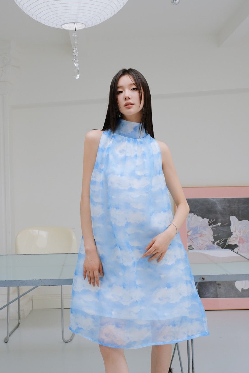 AIMME SPARROW Sky Blue Bow Stand Collar Dress | MADA IN CHINA
