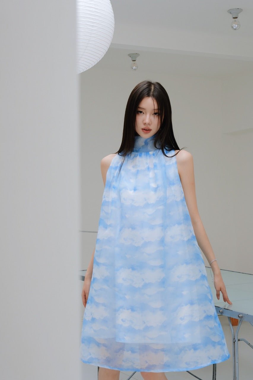 AIMME SPARROW Sky Blue Bow Stand Collar Dress | MADA IN CHINA